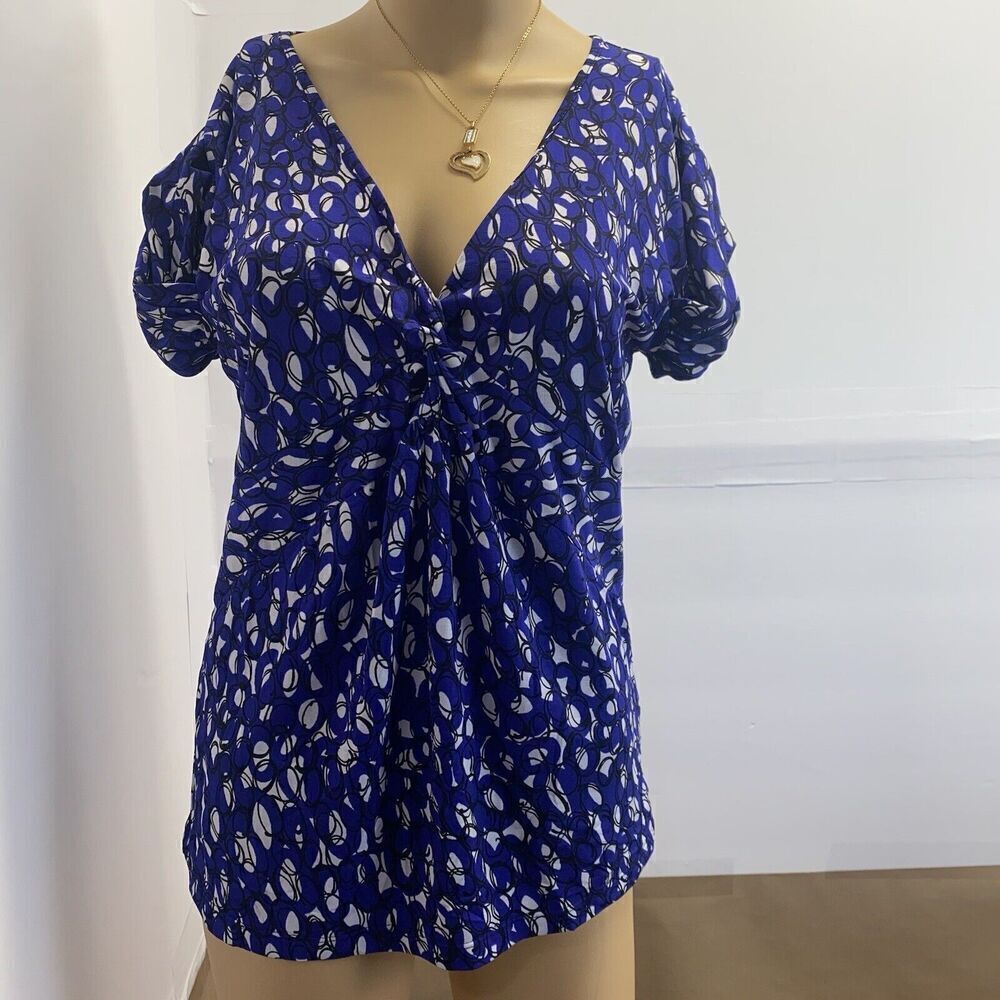 Anne Klein Women’s Blouse Top Short Sleeve V Neck Blue White Size M Pre Owned